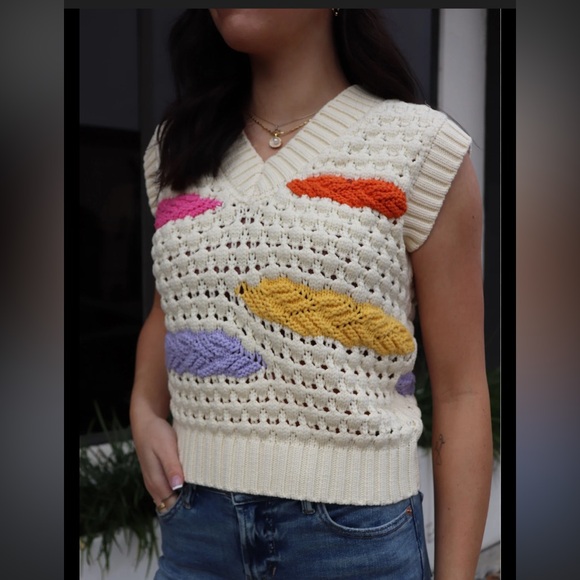 Dear John Gabra pointelle Ivory sweater Vest size XS with multi color stripes - Picture 7 of 7